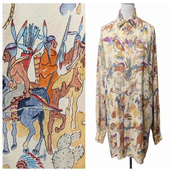 Vintage Paragraff Unisex Size L Cowboys Indians Novelty Button Up L/S Shirt Top - Picture 1 of 12